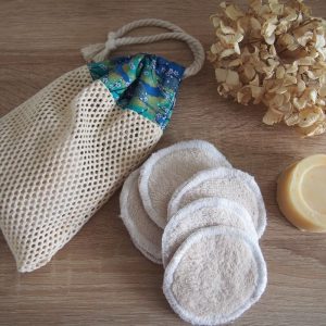 Lingettes démaquillantes lavables et son pochon tissu japonais et mesh