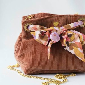 Sac seau cannelle avec lien foulard fleur orange et violet