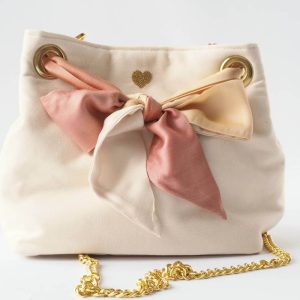 Sac seau écru avec lien foulard satiné, dégradé écru, orangé, rosé