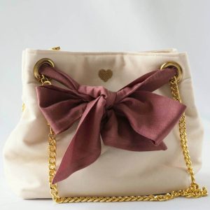 Sac seau écru avec lien foulard plumetis vieux rose
