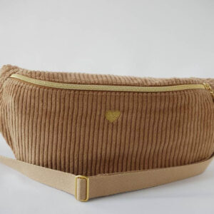 Sac banane Fanny, en velours côtelé camel et bouclerie dorée