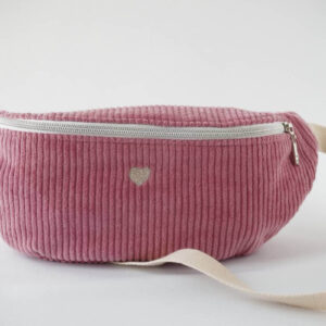 Sac banane Fanny, en velours côtelé vieux rose et bouclerie argentée