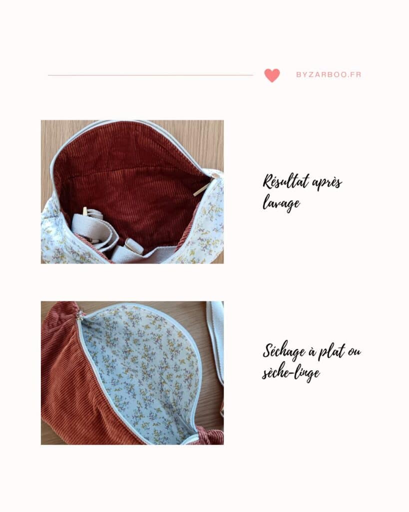 Résultat après lavage d'un sac banane en velours