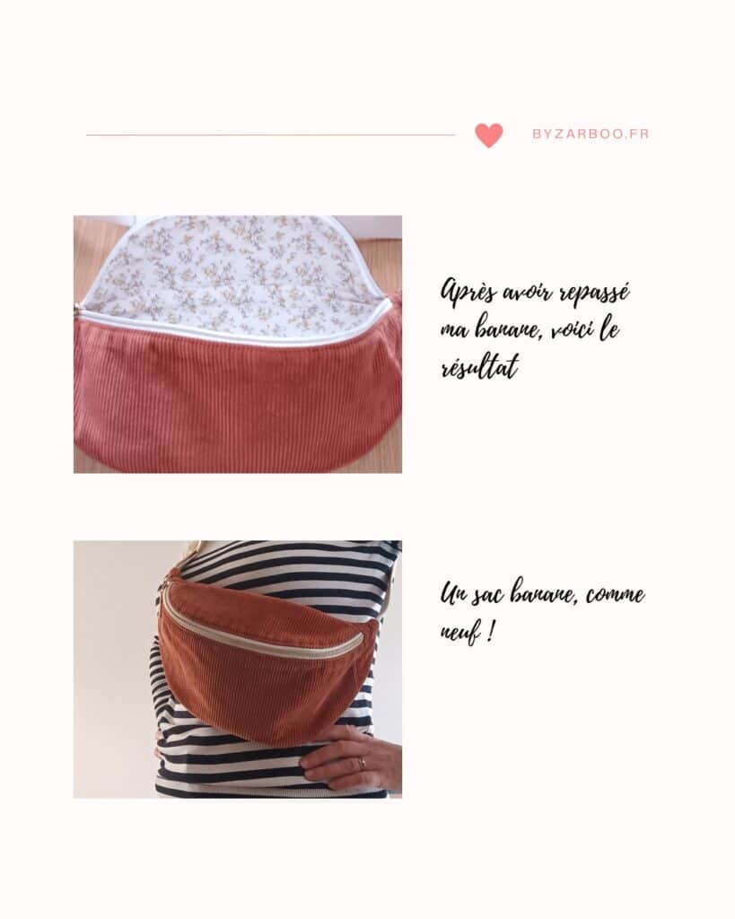 Résultat après lavage, séchage et repassage d'un sac banane en velours